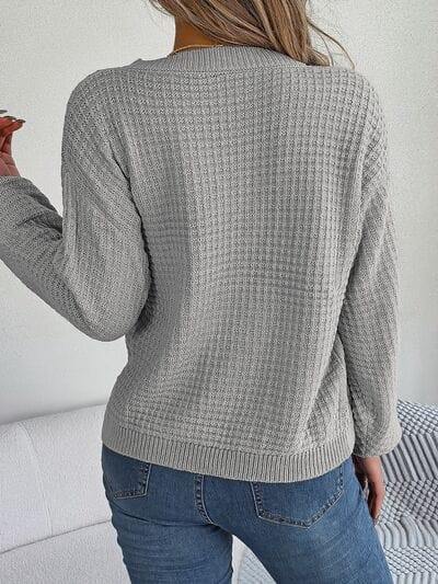 Cable-Knit Round Neck Long Sleeve Sweater - Trendsi