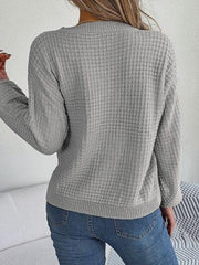 Cable-Knit Round Neck Long Sleeve Sweater - Trendsi