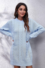 Cable-Knit Round Neck Sweater Dress - Trendsi