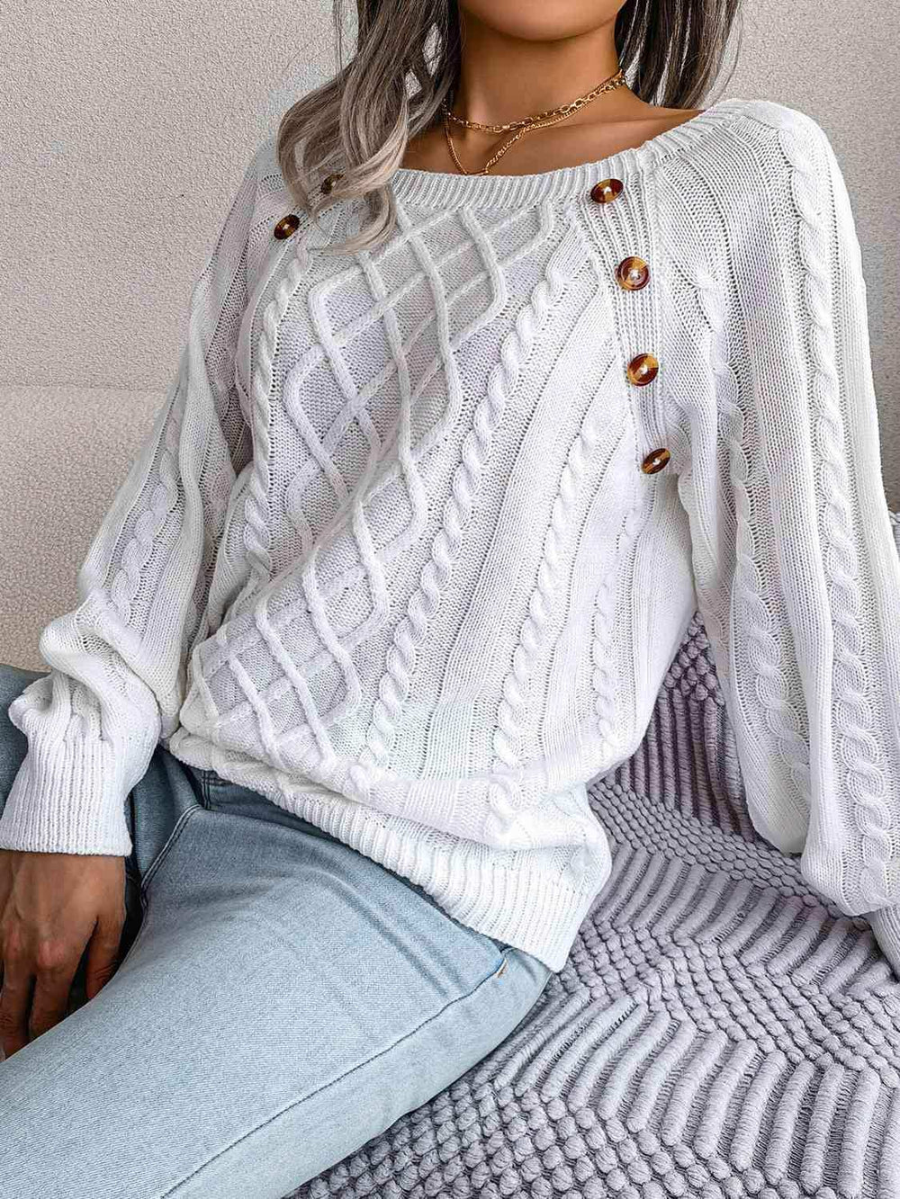 Decorative Button Cable-Knit Sweater - Trendsi - Flyclothing LLC