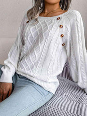 Decorative Button Cable-Knit Sweater - Trendsi
