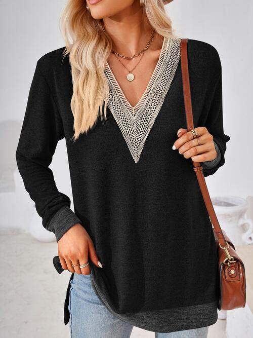 Crochet Contrast V-Neck Long Sleeve Slit T-Shirt - Trendsi - Flyclothing LLC