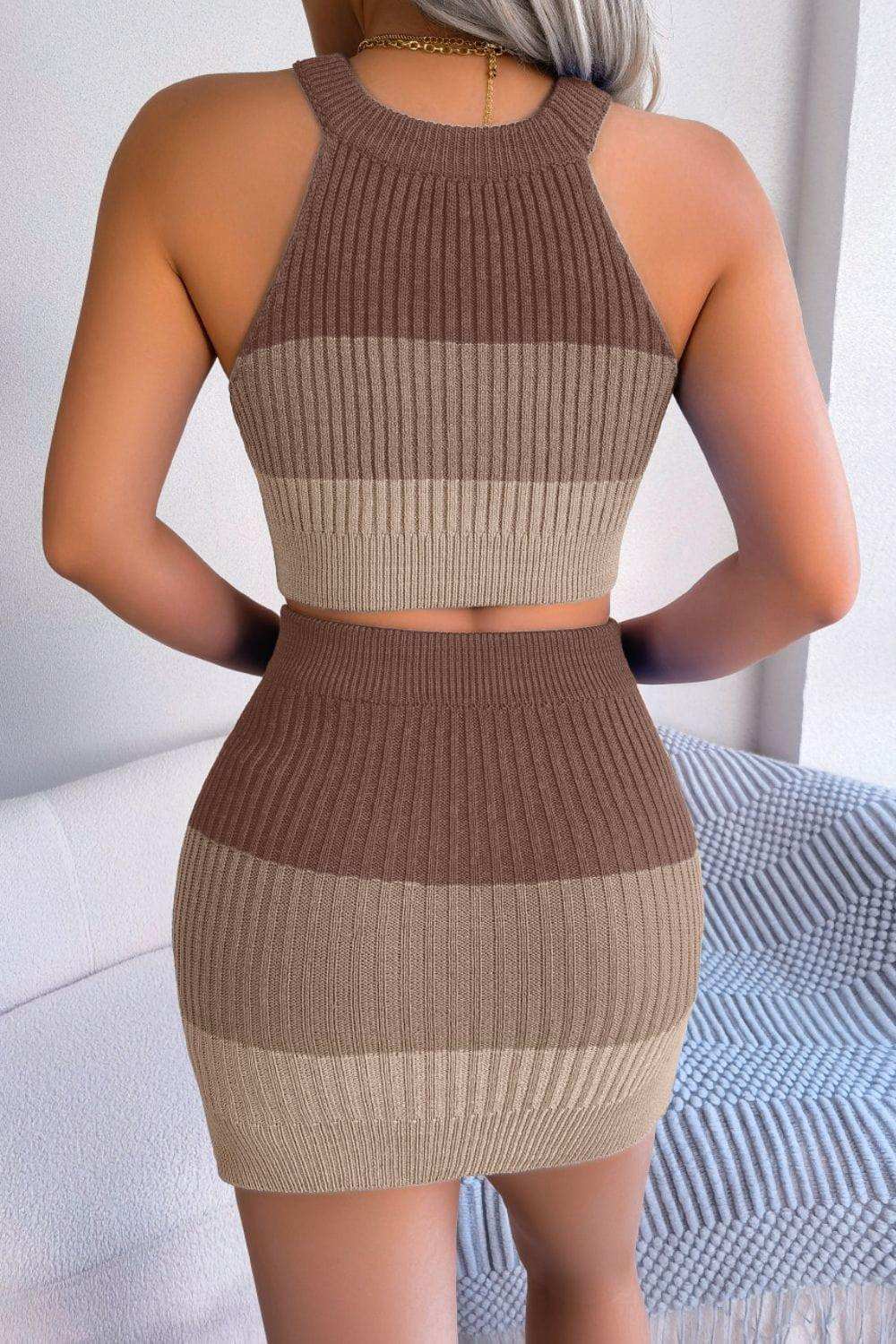 Color Block Sleeveless Crop Knit Top and Skirt Set - Trendsi - Flyclothing LLC