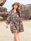 Plus Size Printed V-Neck Balloon Sleeve Mini Dress - Trendsi - Flyclothing LLC