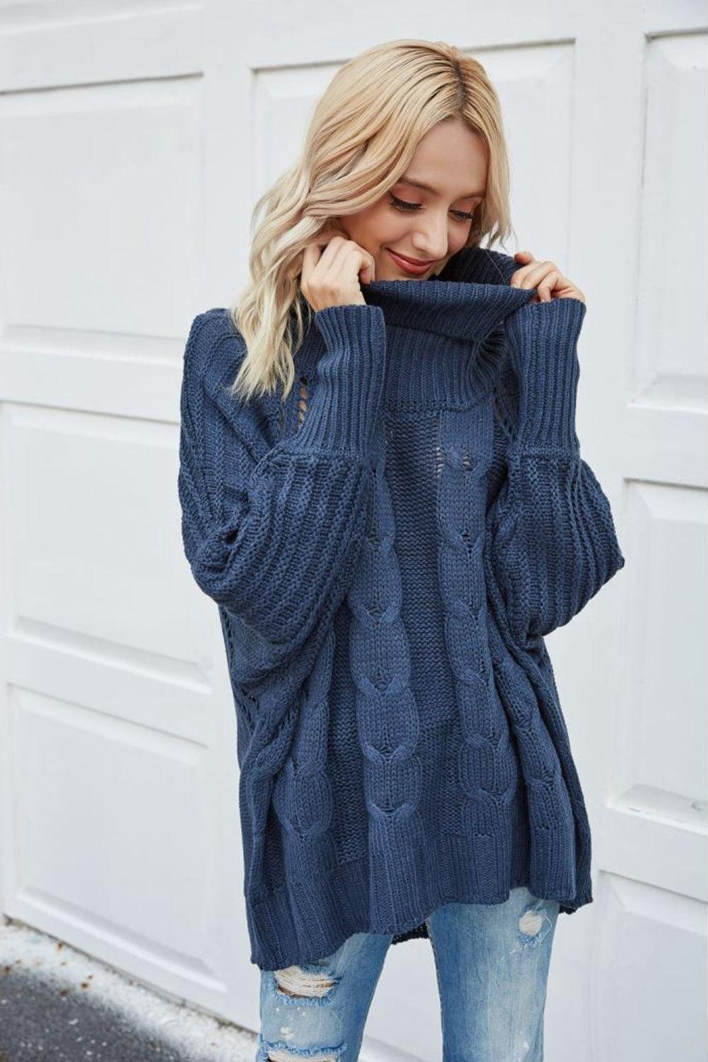 Cable-Knit Openwork Turtleneck Sweater - Navy / XL