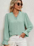 Button Up Flounce Sleeve V-Neck Shirt - Trendsi