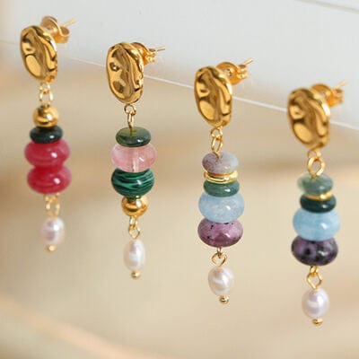 Natural Stone Freshwater Pearl Dangle Earrings - Trendsi