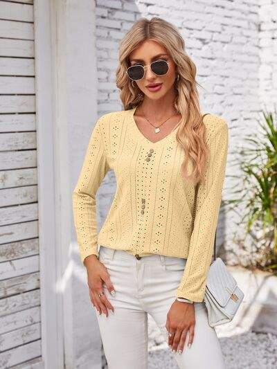 Decorative Button Openwork V-Neck T-Shirt - Trendsi - Flyclothing LLC