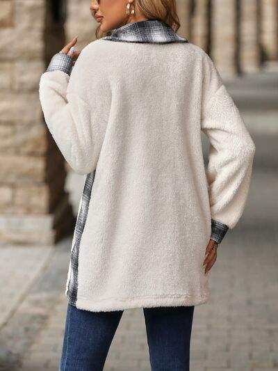 Plaid Contrast Dropped Shoulder Coat - Trendsi - Flyclothing LLC