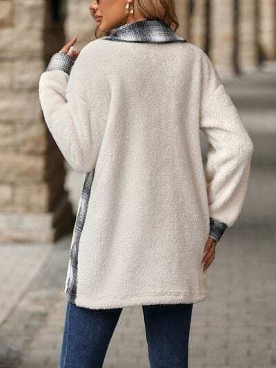 Plaid Contrast Dropped Shoulder Coat - Trendsi - Flyclothing LLC