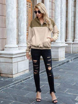 Pocketed Color Block Quarter Zip Hoodie - Trendsi - Flyclothing LLC