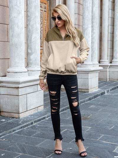 Pocketed Color Block Quarter Zip Hoodie - Trendsi - Flyclothing LLC