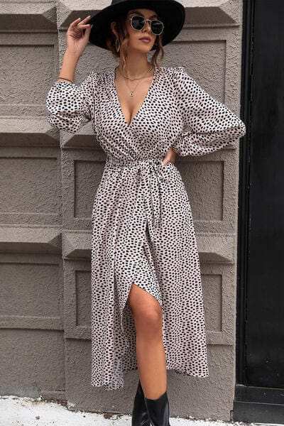 Slit Printed Surplice Balloon Sleeve Dress - Trendsi - Flyclothing LLC
