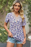 Floral V-Neck Short Sleeve T-Shirt - Trendsi - Flyclothing LLC