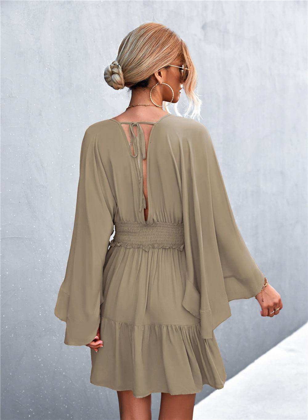 Decorative Button Smocked Waist Surplice Dress - Trendsi - Flyclothing LLC