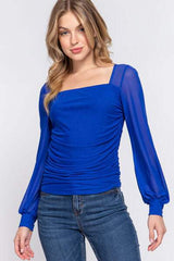 ACTIVE BASIC Square Neck Mesh Long Sleeve Shirring Top - Trendsi - Flyclothing LLC