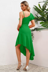 Ruffled Asymmetrical Neck Flutter Sleeve Dress - Trendsi
