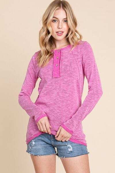 Reborn J Contrast Trim Half Button Long Sleeve T-Shirt - Trendsi - Flyclothing LLC