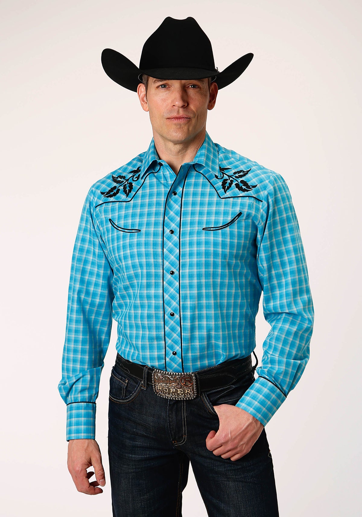 Roper Mens Long Sleeve Snap Turquoise And Grey Small Scale Plaid Western Shirt