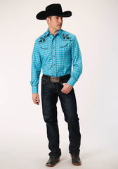 Roper Mens Long Sleeve Snap Turquoise And Grey Small Scale Plaid Western Shirt