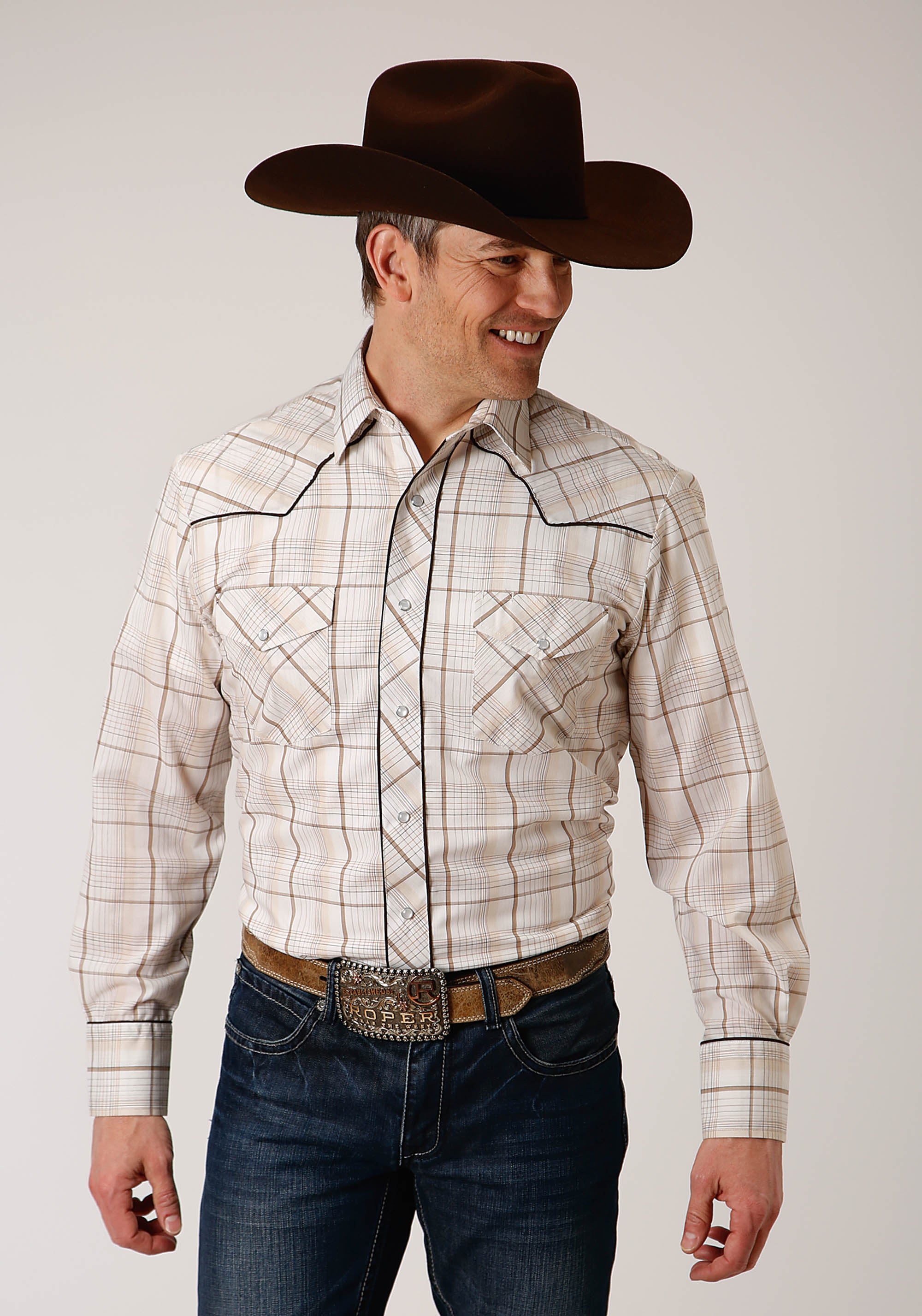 Roper Mens Long Sleeve Snap Tan And Cream Windowpane Plaid Western Shirt