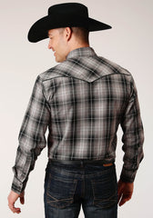 Roper Mens Long Sleeve Snap Black And Grey Plaid Western Shirt