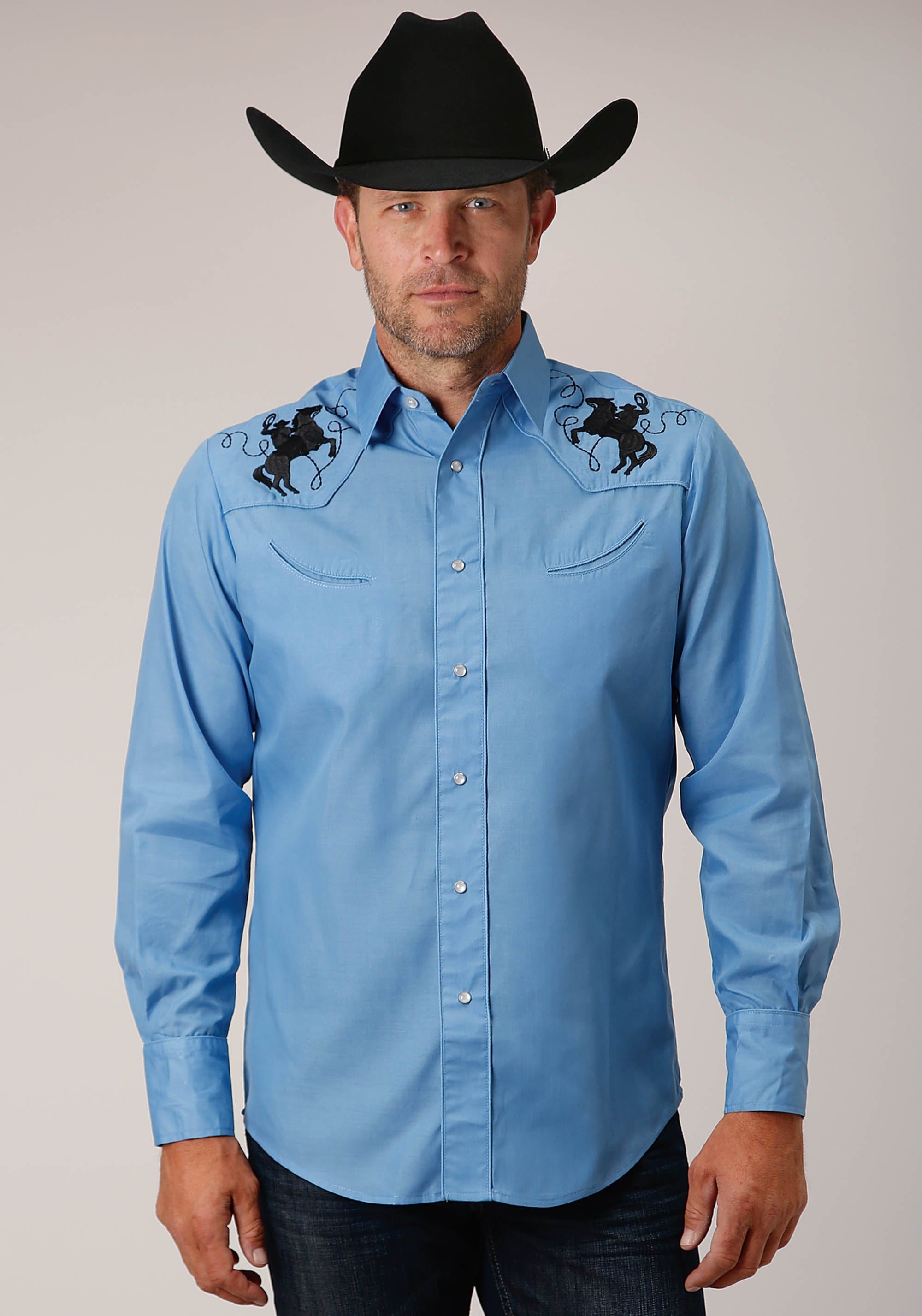 Roper Mens Long Sleeve Snap Solid Broadcloth Heritage Blue Western Shirt