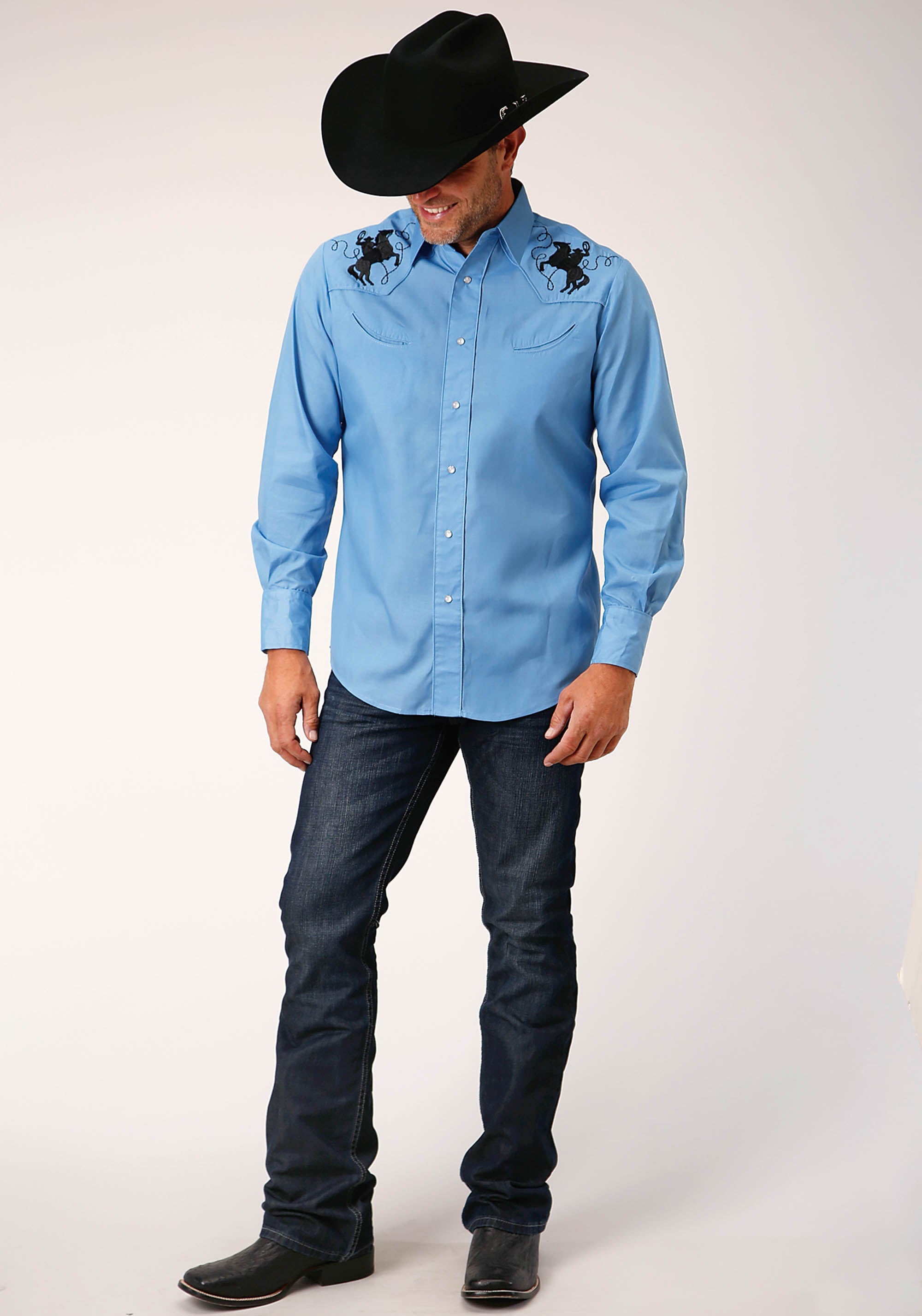 Roper Mens Long Sleeve Snap Solid Broadcloth Heritage Blue Western Shirt
