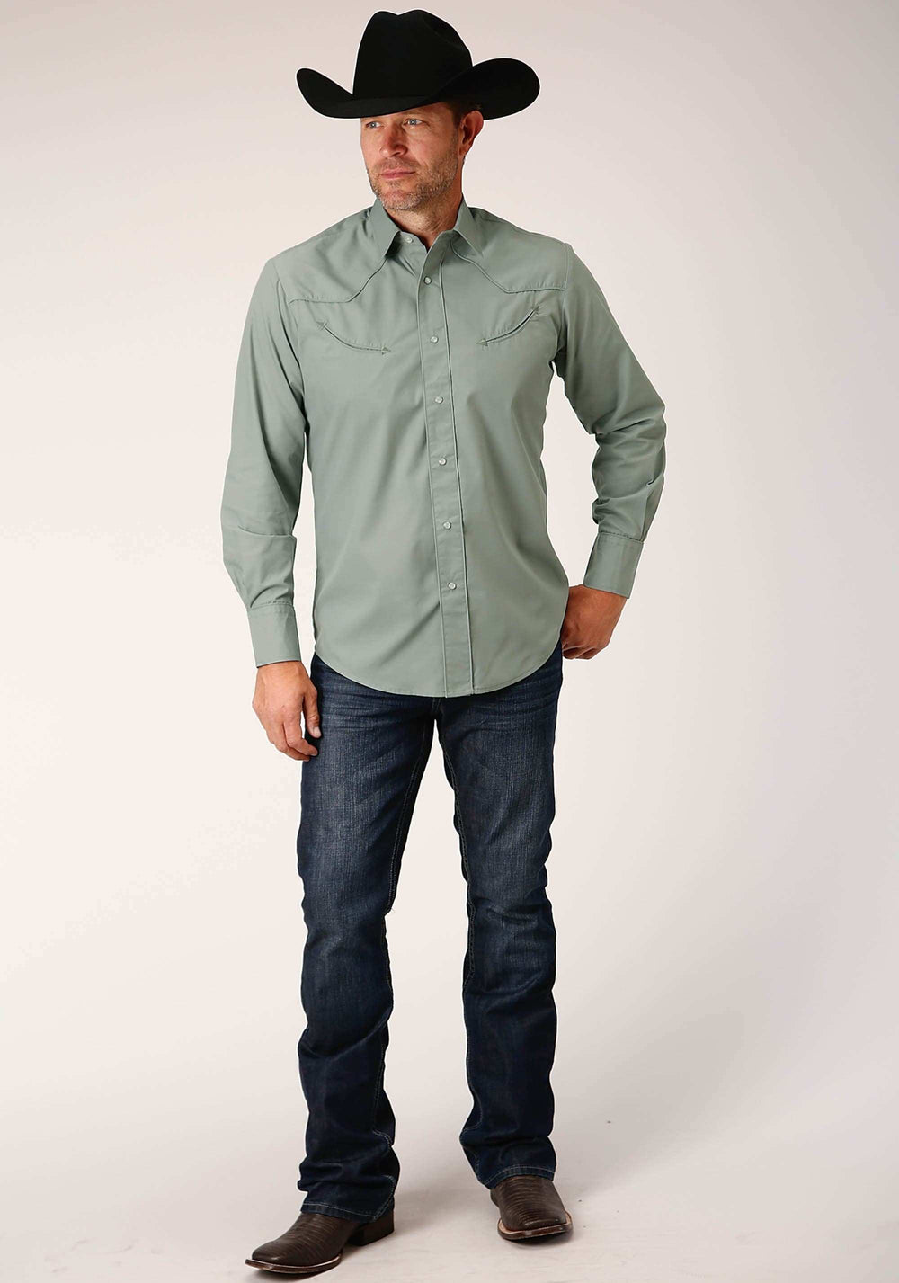 Roper Mens Long Sleeve Snap Solid Broadcloth Dusty Green Western Shirt - Roper - Flyclothing LLC