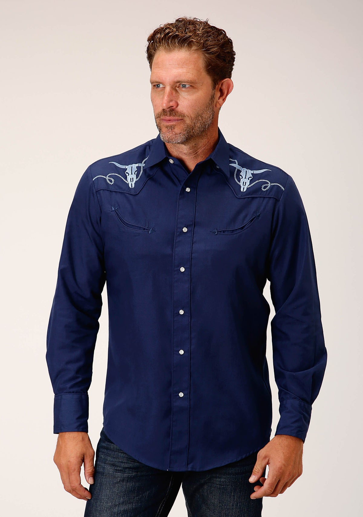 Roper Mens Long Sleeve Snap Solid Poplin Summer Navy Western Shirt