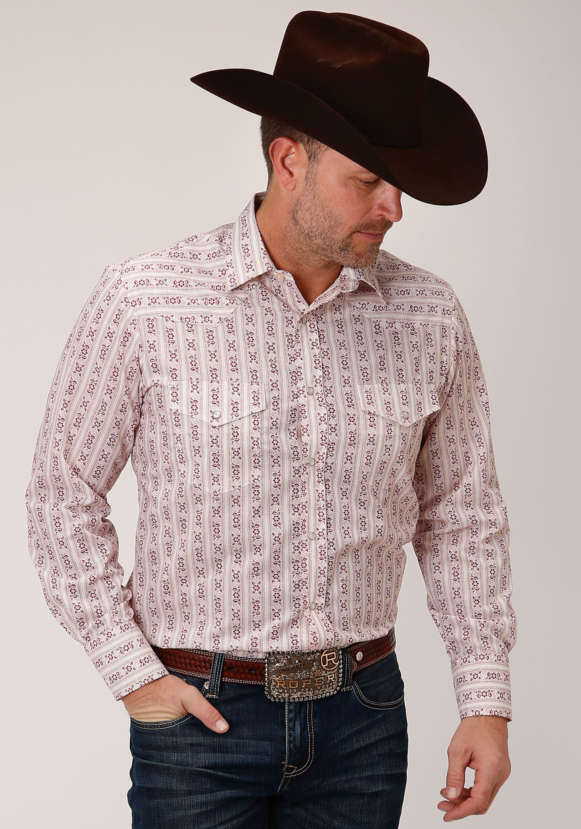 Roper Mens Long Sleeve Snap Wine And Cream Wallpaper Print Western Shirt