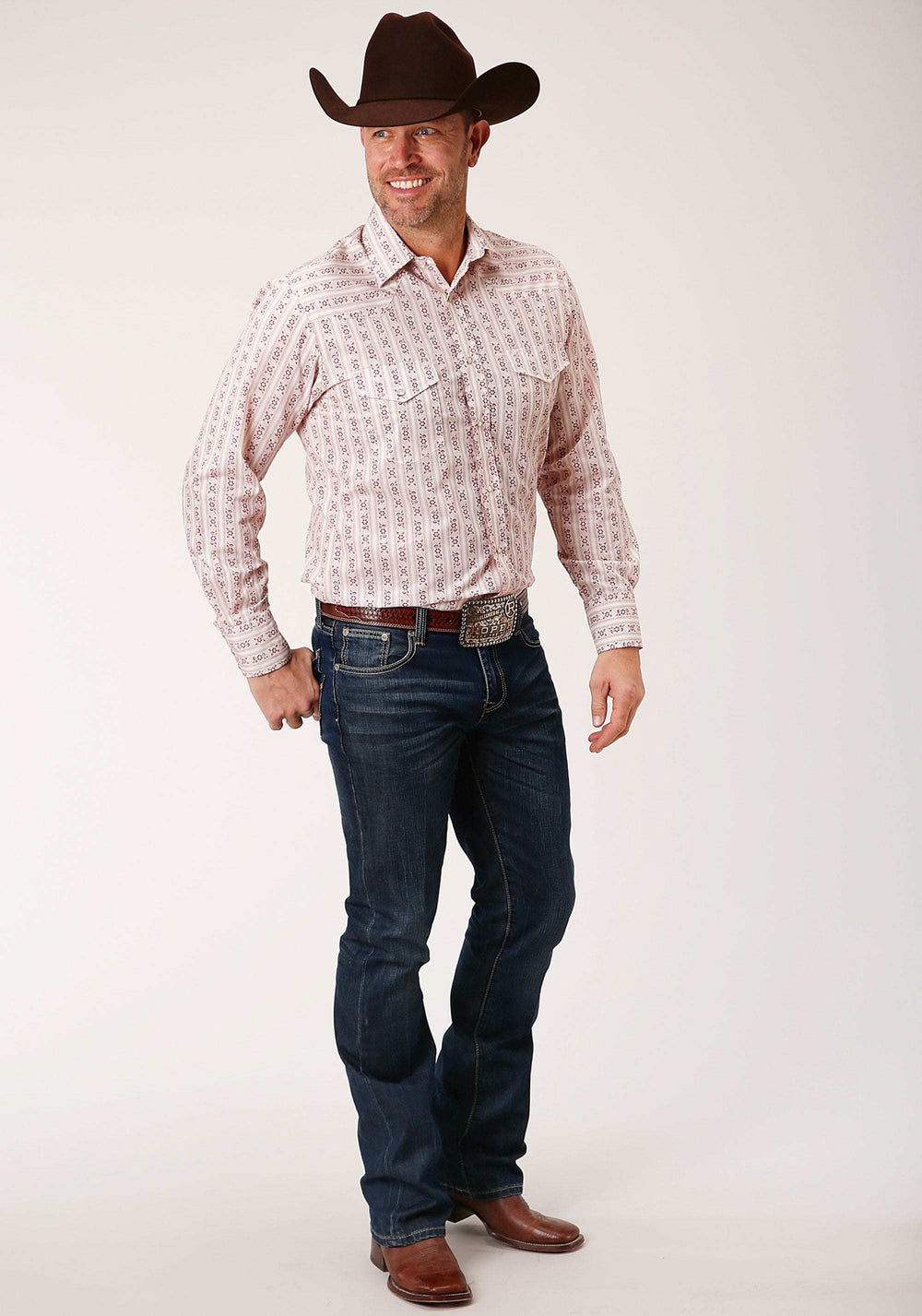 Roper Mens Long Sleeve Snap Wine And Cream Wallpaper Print Western Shirt - Roper - Flyclothing LLC