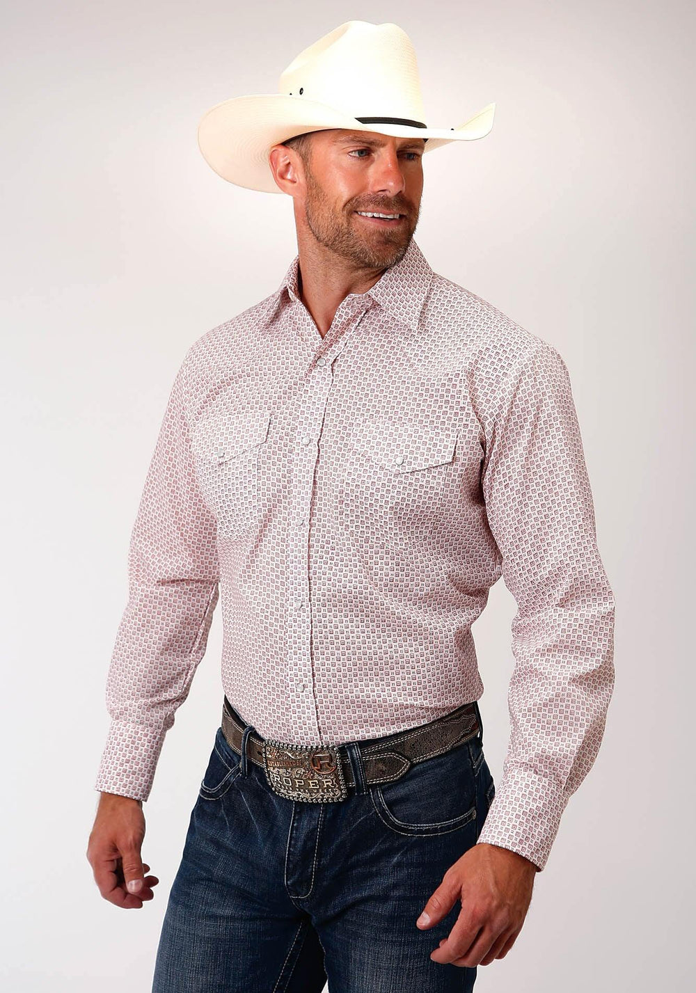 Roper Mens White Mini Block Print Long Sleeve Snap Western Shirt - Roper