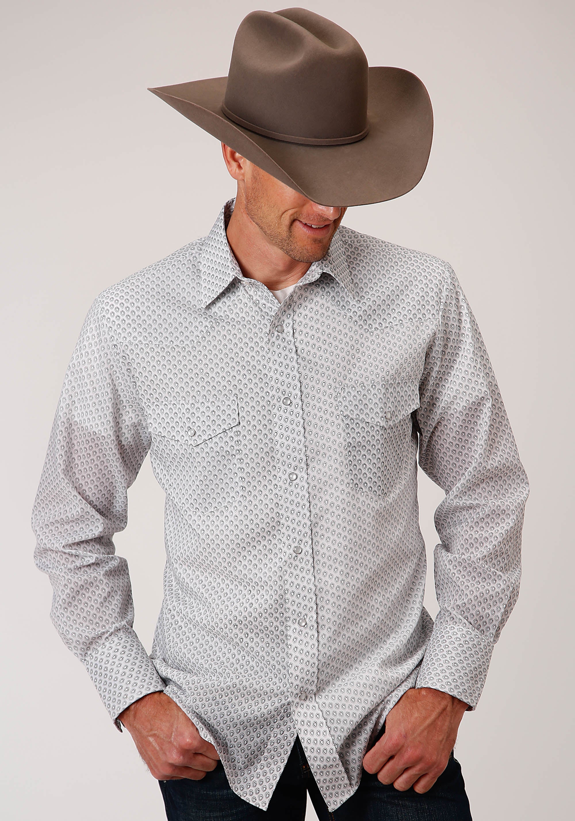 Roper Mens Long Sleeve Snap White Black Grey Teardrop Print Western Shirt