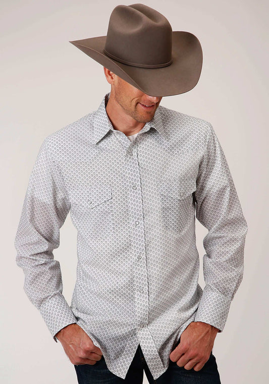Roper Mens Long Sleeve Snap White Black Grey Teardrop Print Western Shirt - Roper - Flyclothing LLC