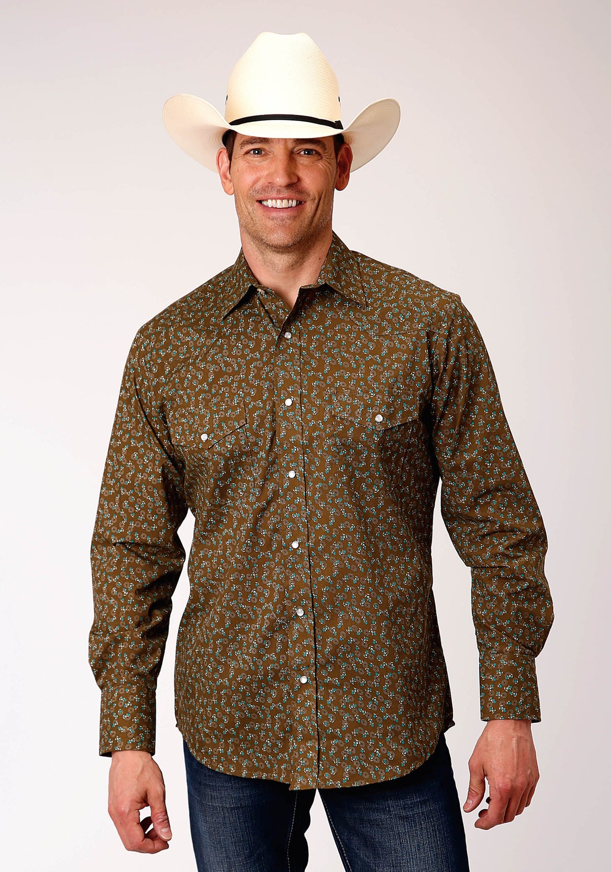 Roper Mens Long Sleeve Snap Brown Turquoise And Cream Mini Floral Print Western Shirt