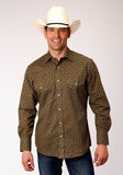 Roper Mens Long Sleeve Snap Brown Turquoise And Cream Mini Floral Print Western Shirt - Roper