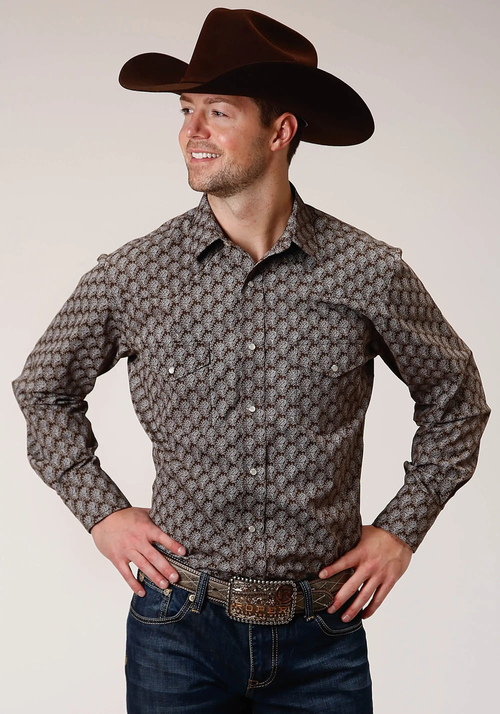 Roper Mens Long Sleeve Snap Chocolate And Cream Tear Drop Print Western Shirt - Roper
