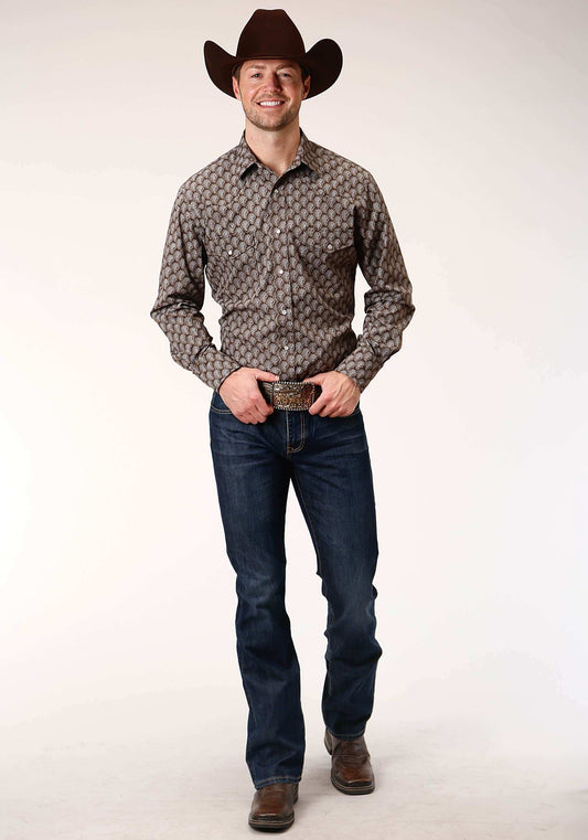 Roper Mens Long Sleeve Snap Chocolate And Cream Tear Drop Print Western Shirt - Roper - Flyclothing LLC