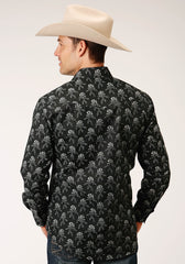 Roper Mens Long Sleeve Snap Black And Cream Floral Print Western Shirt