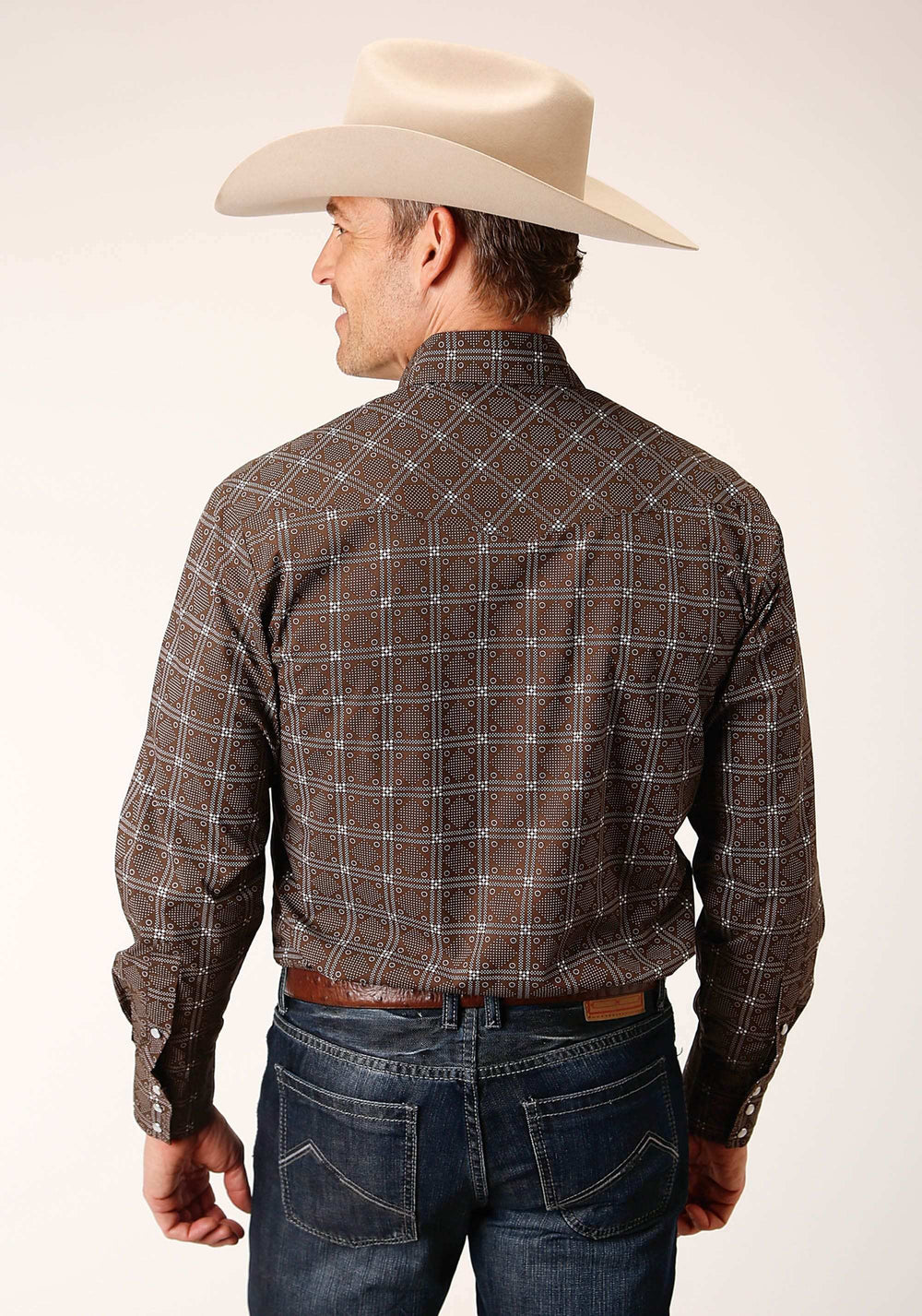Roper Mens Long Sleeve Snap Brown White Retro Print Western Shirt - Roper - Flyclothing LLC