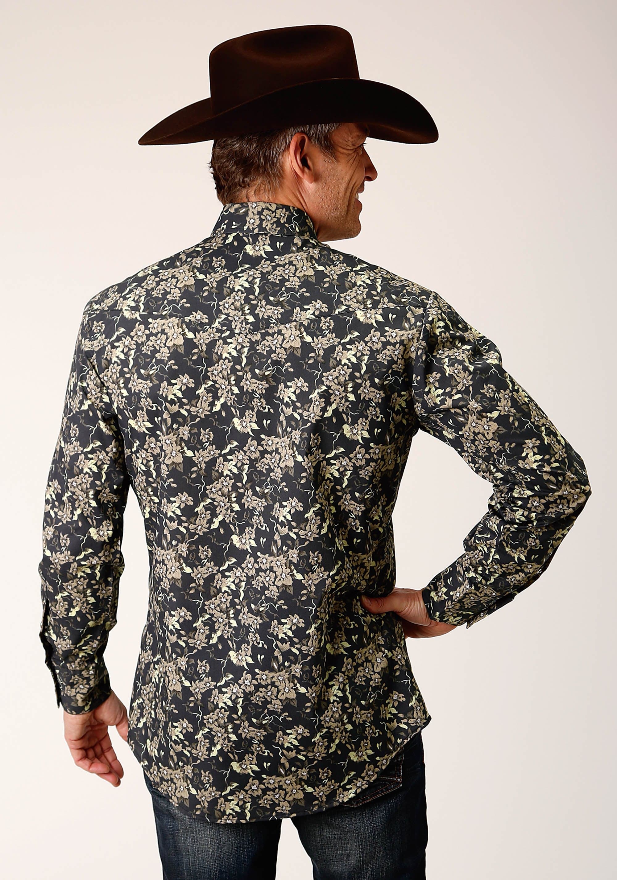 Roper Mens Long Sleeve Snap Vintage Dark Floral Print Western Shirt