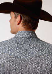 Roper Mens Long Sleeve Snap Navy And Cream Floral Print Western Shirt
