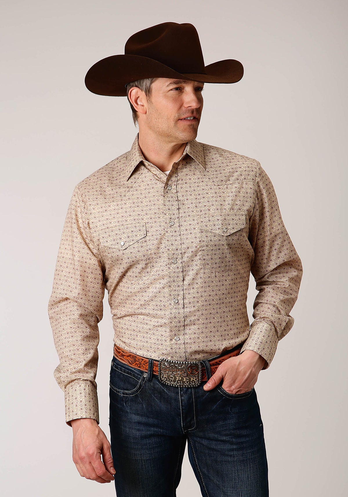 Roper Mens Long Sleeve Snap Beige And Rust Vintage Floral Print Western Shirt