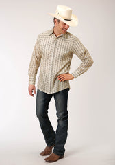 Roper Mens Long Sleeve Snap Cream And Brown Wallpaper Stripe Western Shirt