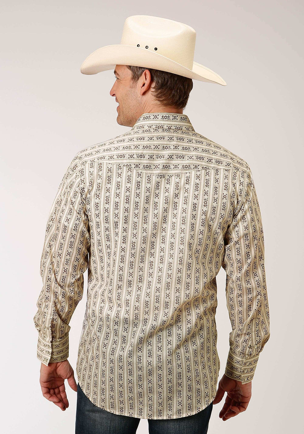 Roper Mens Long Sleeve Snap Cream And Brown Wallpaper Stripe Western Shirt - Roper - Flyclothing LLC