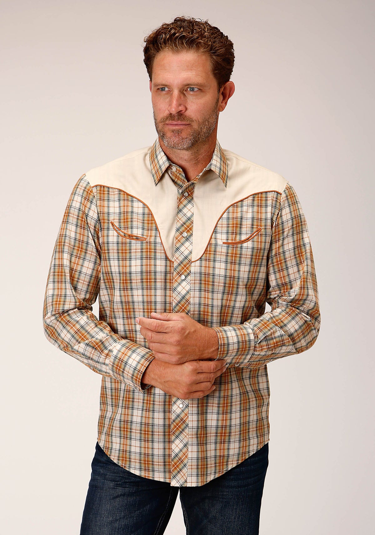 Roper Mens Long Sleeve Snap Khaki Forest Grey Cream Plaid Western Shirt