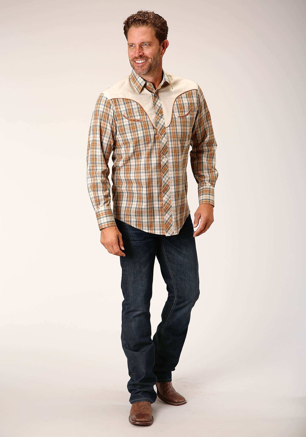 Roper Mens Long Sleeve Snap Khaki Forest Grey Cream Plaid Western Shirt - Roper - Flyclothing LLC