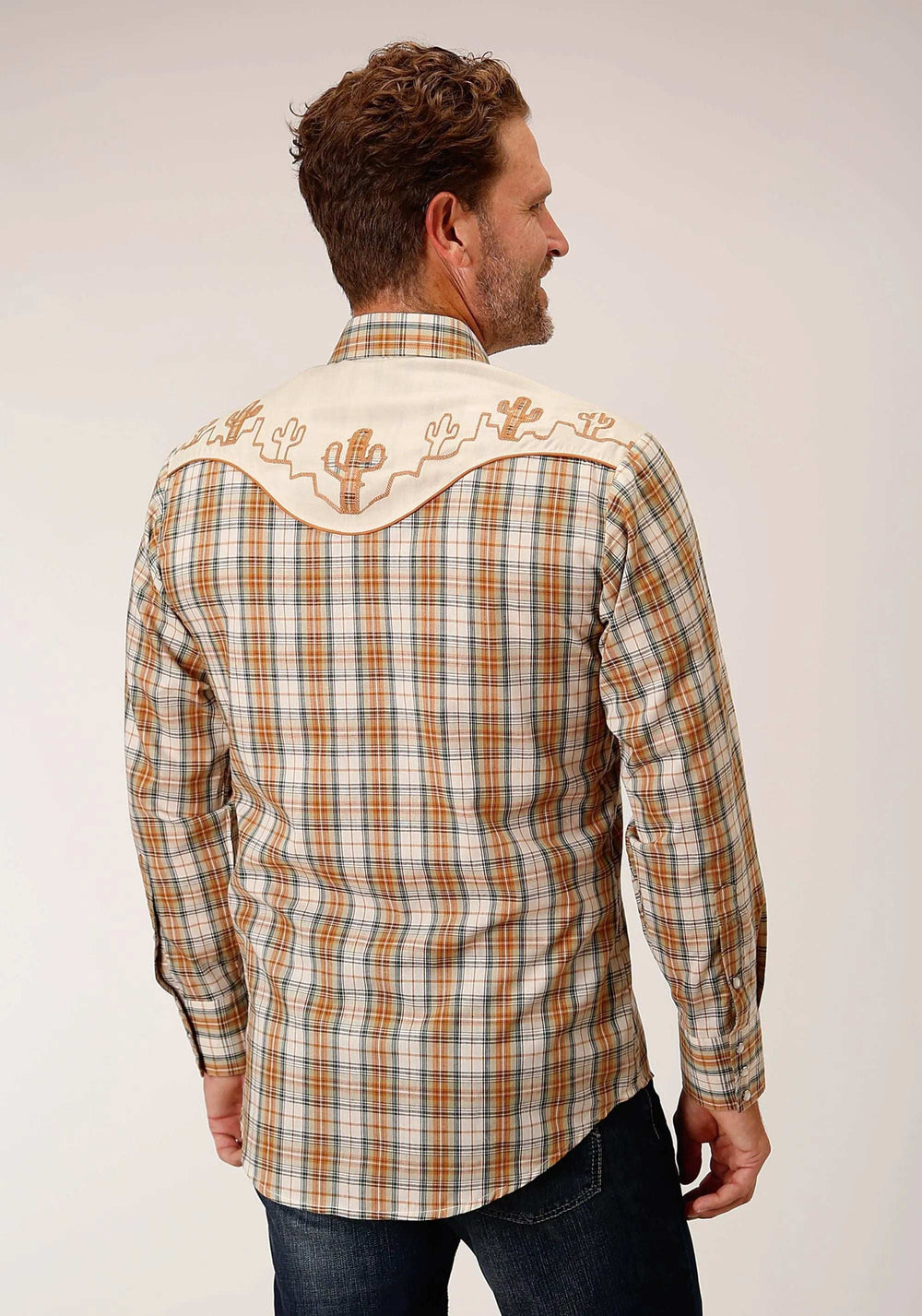 Roper Mens Long Sleeve Snap Khaki Forest Grey Cream Plaid Western Shirt - Roper - Flyclothing LLC