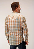Roper Mens Long Sleeve Snap Khaki Forest Grey Cream Plaid Western Shirt - Roper